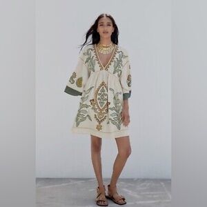 Zara linen blend embroidered dress, NWOT